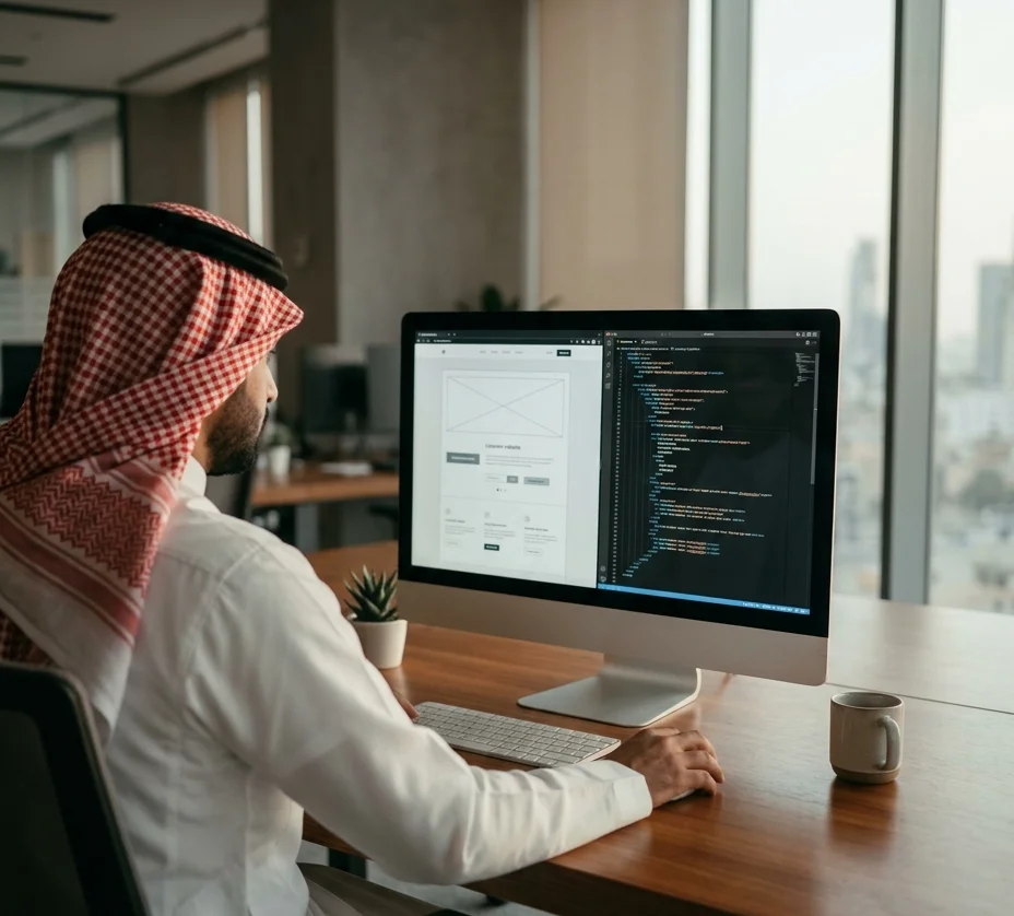 مطوّر يعمل على تصميم موقع وكوده على شاشة الحاسوب