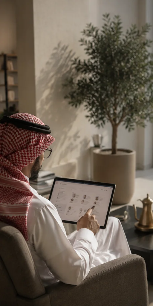 رجل يراجع أداء الحملات على جهاز لوحي في مكتبه