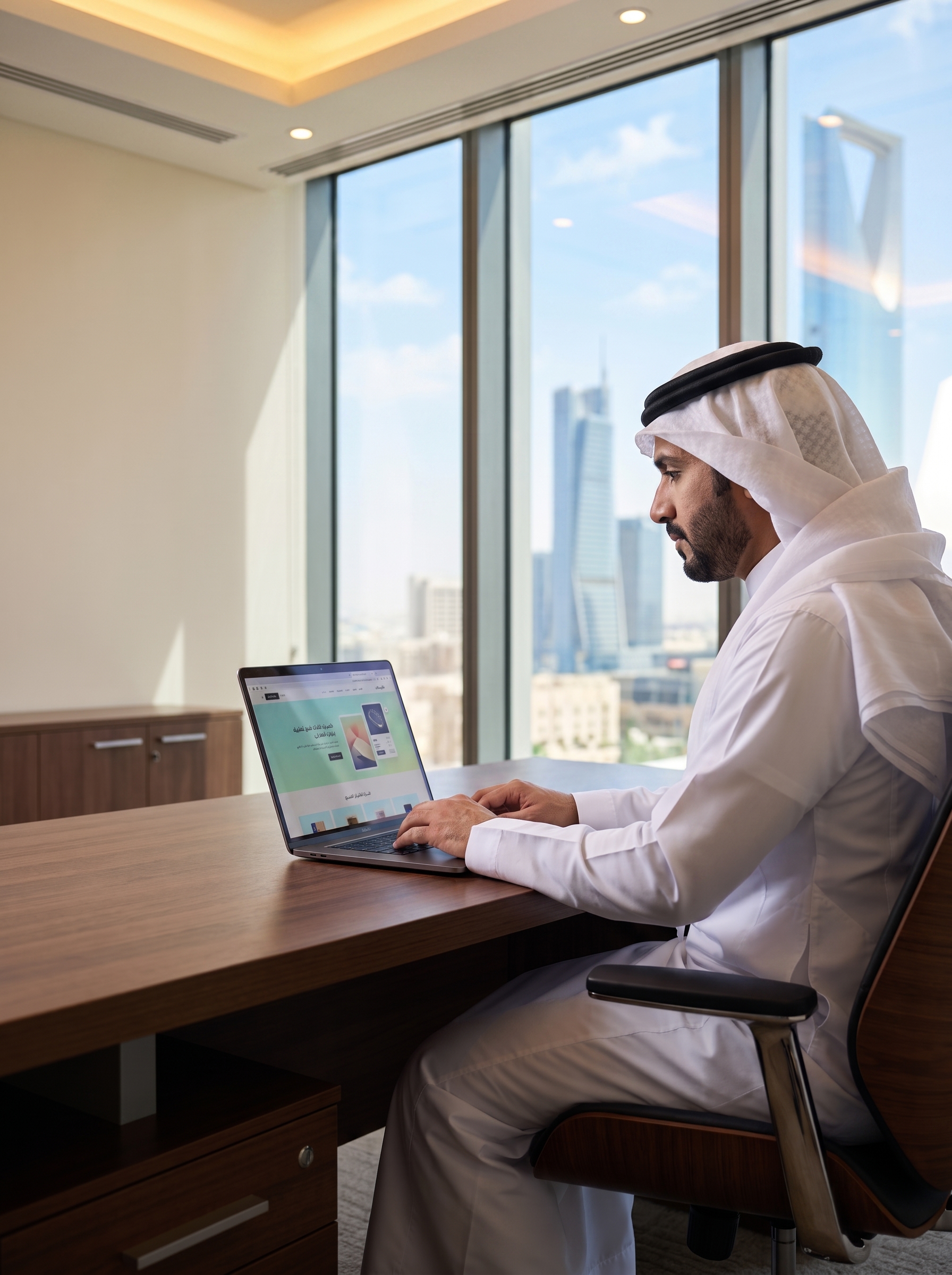 موظف سعودي يعمل على حاسوبه المحمول في مكتب يطل على الرياض